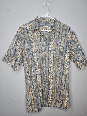 Vtg Hawaiian Burma Bibas Short-Sleeve Button Down Shirt  Blue Yellow Floral Sz L